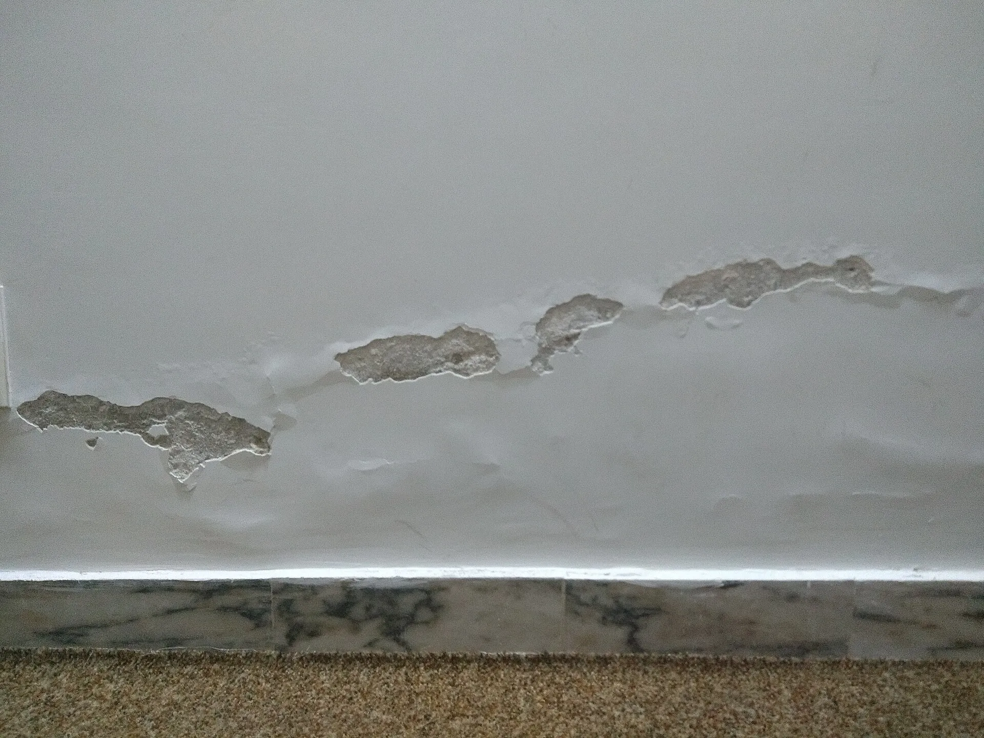 Bas d'un mur intérieur dont la peinture cloque et s'écaille au-dessus de la plinthe, à cause de l'humidité qui remonte